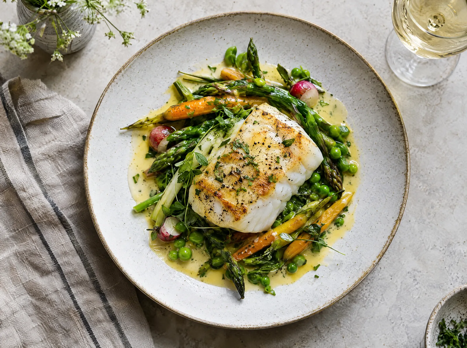 Plat de cabillaud et légumes de printemps