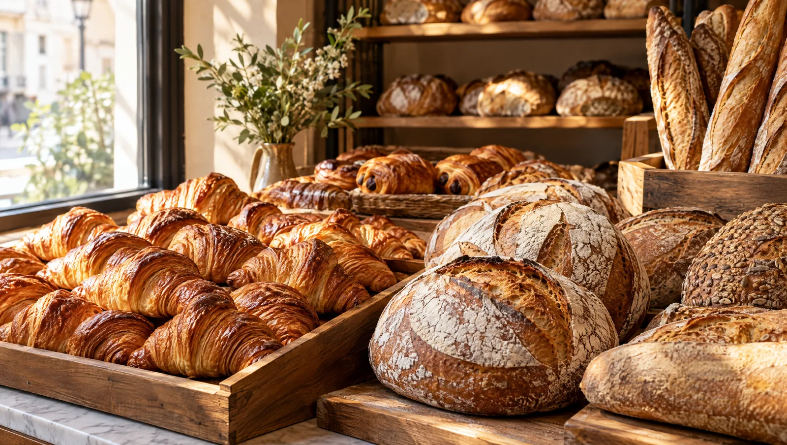 Comptoir de boulangerie avec croissants et pains